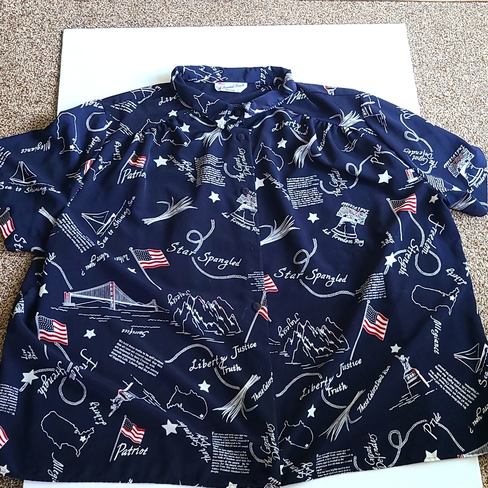 A personal touch 5X USA navy blue red white flag 4th of July button down
